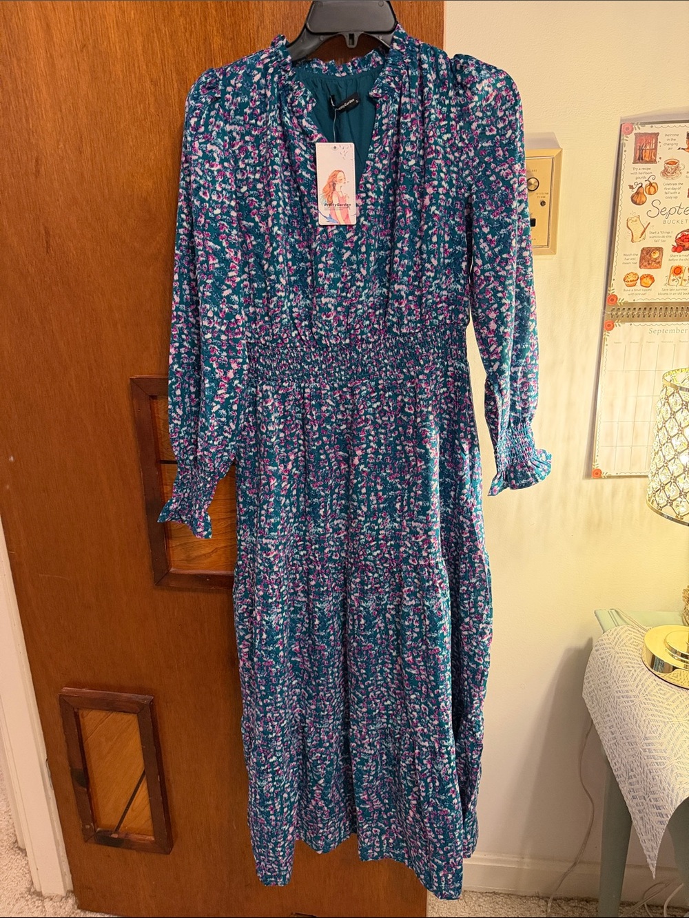 Pretty garden Teal Floral Long-Sleeve Midi Dress with Smocked Waist NWT